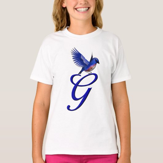 Blauwe Vogel Monogram Initiaal G Elegant T-shirt (Voorkant)