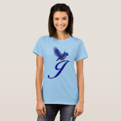 Blauwe Vogel Monogram Initiaal J Elegant T-shirt (Voorkant volledig)