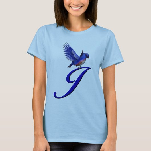 Blauwe Vogel Monogram Initiaal J Elegant T-shirt (Voorkant)