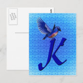 Blauwe Vogel Monogram Initiaal K Elegant Briefkaart (Voorkant / Achterkant)