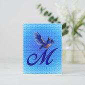 Blauwe Vogel Monogram Initiaal M Elegant Briefkaart (Staand voorkant)