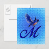 Blauwe Vogel Monogram Initiaal M Elegant Briefkaart (Voorkant / Achterkant)