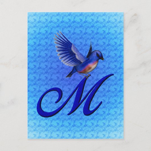 Blauwe Vogel Monogram Initiaal M Elegant Briefkaart (Voorkant)