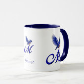 Blauwe Vogel Monogram Initiaal M Elegant Persoonli Mok (Voorkant rechts)