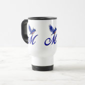 Blauwe Vogel Monogram Initiaal M Elegant Reisbeker (Voorkant links)