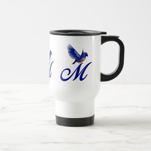 Blauwe Vogel Monogram Initiaal M Elegant Reisbeker (Rechts)