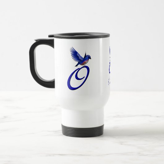Blauwe Vogel Monogram Initiaal O Elegant Persoonli Reisbeker (Links)