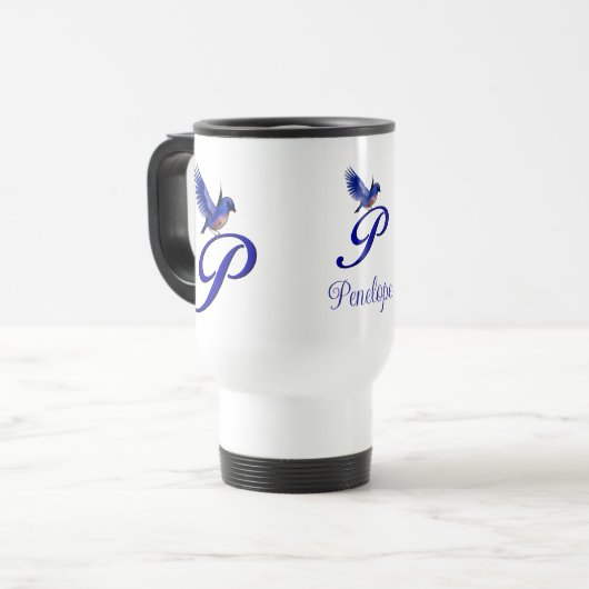 Blauwe Vogel Monogram Initiaal P Elegant Gepersona Reisbeker (Voorkant links)