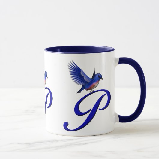 Blauwe Vogel Monogram Initiaal P Elegant Mok (Rechts)