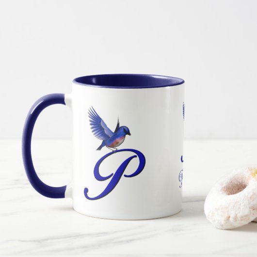 Blauwe Vogel Monogram Initiaal P Elegant Persoonli Mok (Met donut)