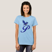 Blauwe Vogel Monogram Initiaal P Elegant T-shirt (Voorkant volledig)