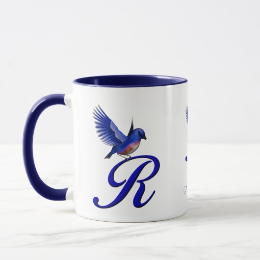 Blauwe Vogel Monogram Initiaal R Elegant Gepersona Mok (Links)