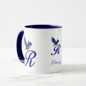 Blauwe Vogel Monogram Initiaal R Elegant Gepersona Mok (Voorkant links)
