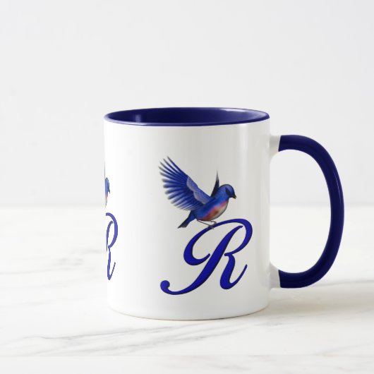 Blauwe Vogel Monogram Initiaal R Elegant Mok (Rechts)