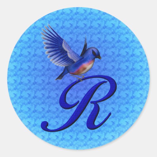 Blauwe Vogel Monogram Initiaal R Elegant Ronde Sticker (Voorkant)