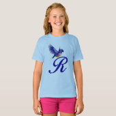 Blauwe Vogel Monogram Initiaal R Elegant T-shirt (Voorkant volledig)