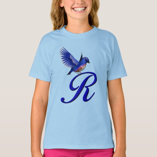 Blauwe Vogel Monogram Initiaal R Elegant T-shirt (Voorkant)