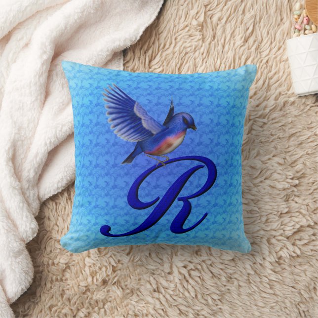 Blauwe Vogel Monogram Initiaal R Kussen (Deken)