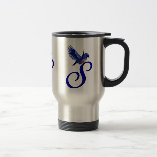 Blauwe Vogel Monogram Initiaal S Elegant Reisbeker (Rechts)