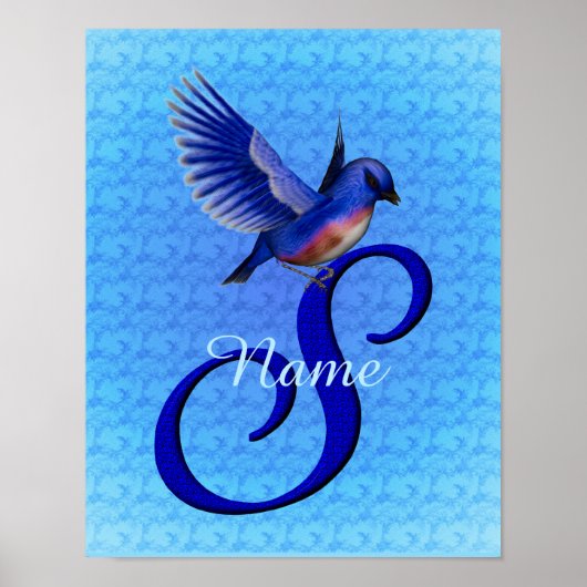 Blauwe Vogel Monogram Initiaal S Persoonlijk Poster (Voorkant)