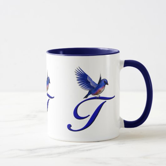 Blauwe Vogel Monogram Initiaal T Elegant Mok (Rechts)