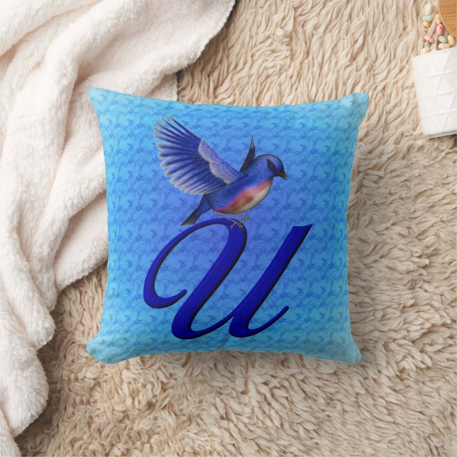 Blauwe Vogel Monogram Initiaal U Kussen (Deken)