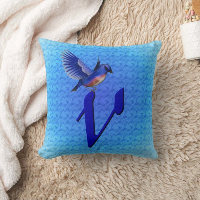 Blauwe Vogel Monogram Initiaal V Kussen (Deken)