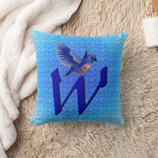 Blauwe Vogel Monogram Initiaal W Kussen (Deken)