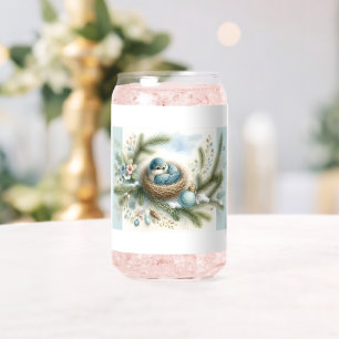 Blauwe Vogel Nest met Ornamenten in Winterdennen Blikvorm Glas