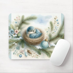 Blauwe Vogel Nest met Ornamenten in Winterdennen Muismat
