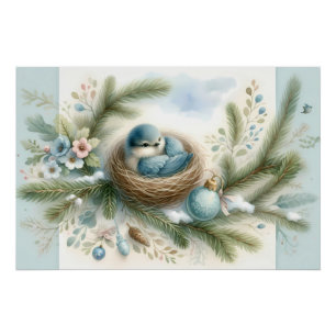 Blauwe Vogel Nest met Ornamenten in Winterdennen Perfect Poster