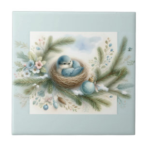 Blauwe Vogel Nest met Ornamenten in Winterdennen Tegeltje