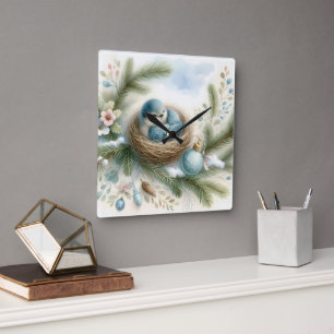 Blauwe Vogel Nest met Ornamenten in Winterdennen Vierkante Klok