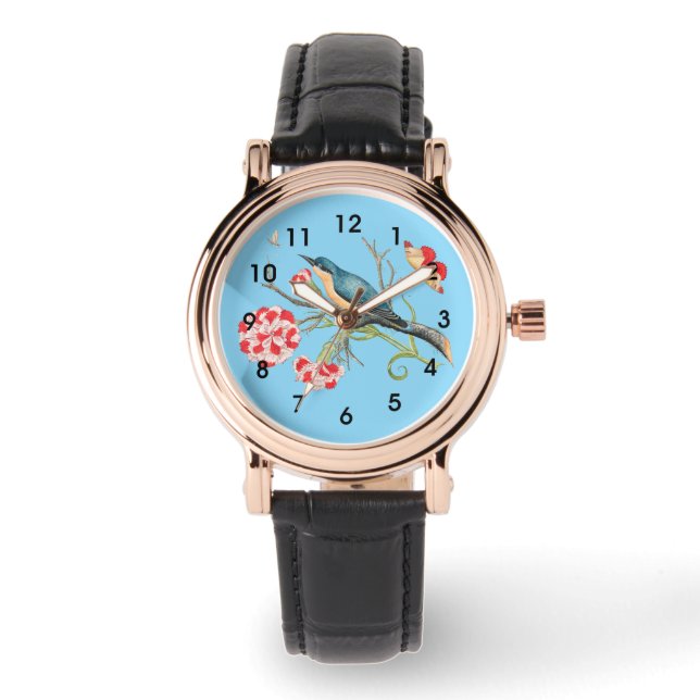 Blauwe vogel op anjers horloge (Voorkant)