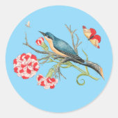 Blauwe vogel op anjers ronde sticker (Voorkant)