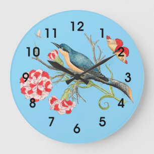 Blauwe vogel op anjers, vintage illustratie, grote klok