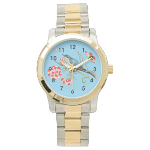 Blauwe vogel op anjers, vintage illustratie, horloge