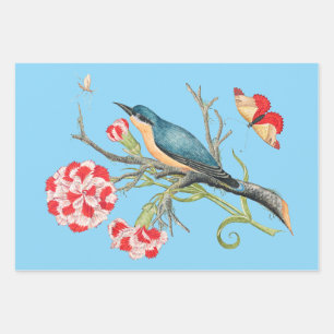 Blauwe vogel op anjers, vintage illustratie, inpakpapier vel