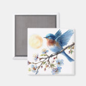 Blauwe Vogel op Bloesemtak Vierkante Magneet (Voorkant / Achterkant)