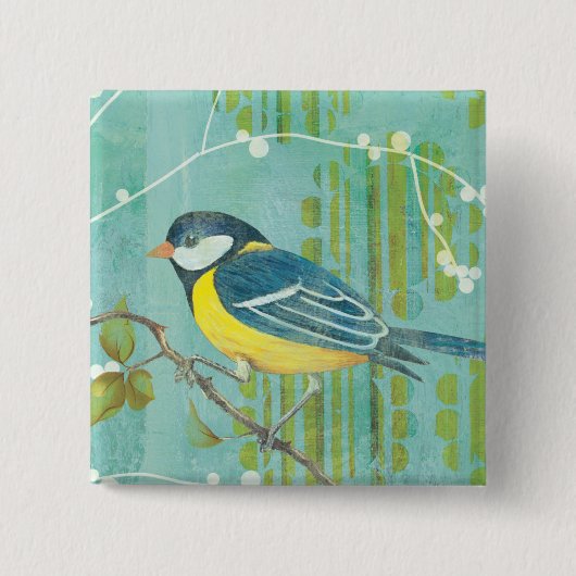 Blauwe vogel op een boom vierkante button 5,1 cm (Voorkant)