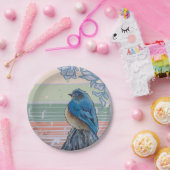 Blauwe vogel op een hek post papieren bordje (Feest)
