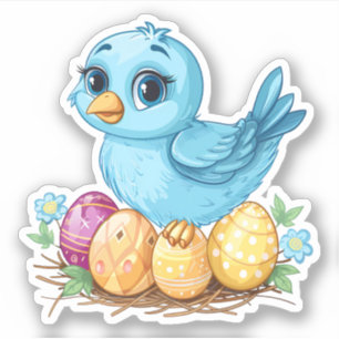 Blauwe vogel op een nest met paaseieren sticker