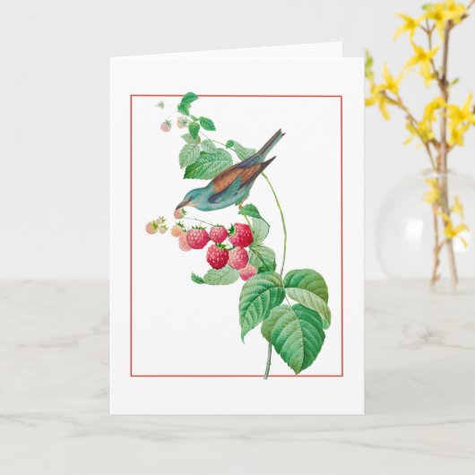 Blauwe vogel op een Raspberry Branch Kaart (Gele Bloem)