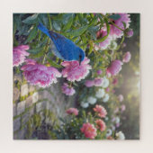 Blauwe Vogel Op Een Roze Pioen Legpuzzel (Horizontaal)
