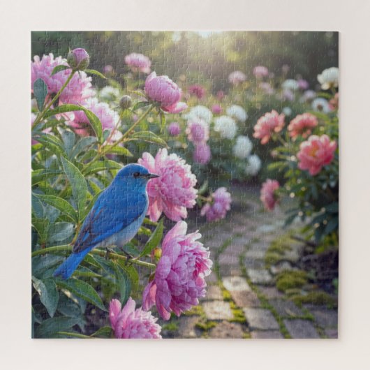 Blauwe Vogel Op Een Roze Pioen Legpuzzel (Verticaal)