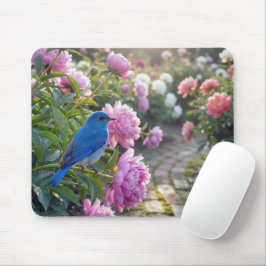 Blauwe Vogel Op Een Roze Pioen Muismat