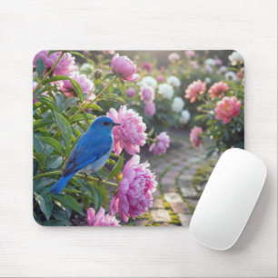 Blauwe Vogel Op Een Roze Pioen Muismat