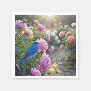 Blauwe Vogel Op Een Roze Pioen Servet