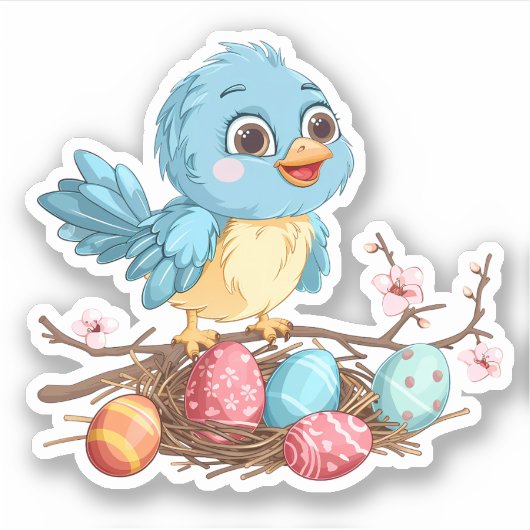 Blauwe vogel op een tak met paaseieren sticker (Voorkant)
