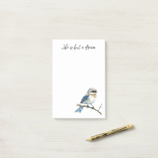 Blauwe vogel op een tak post-it® notes (Op bureau)